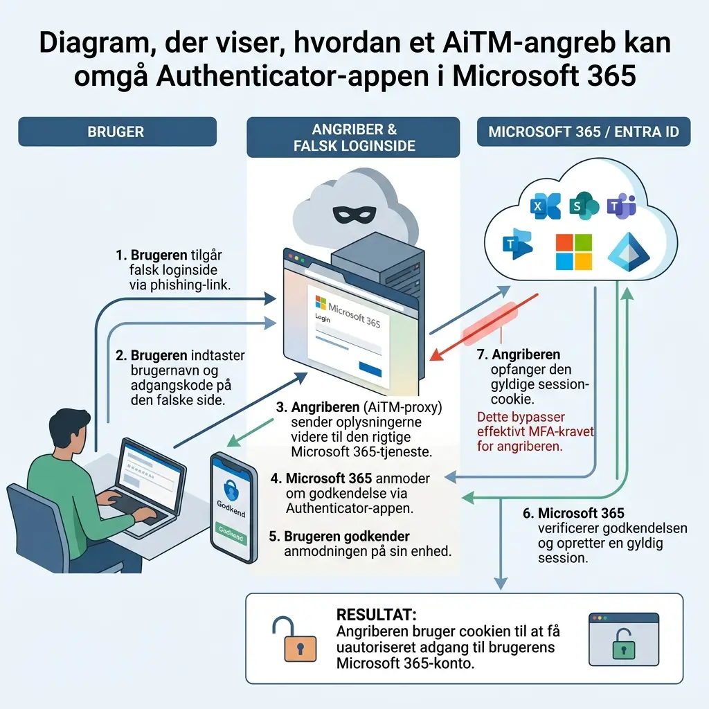 Diagram der viser hvordan et AiTM-angreb omgår Authenticator-app i Microsoft 365