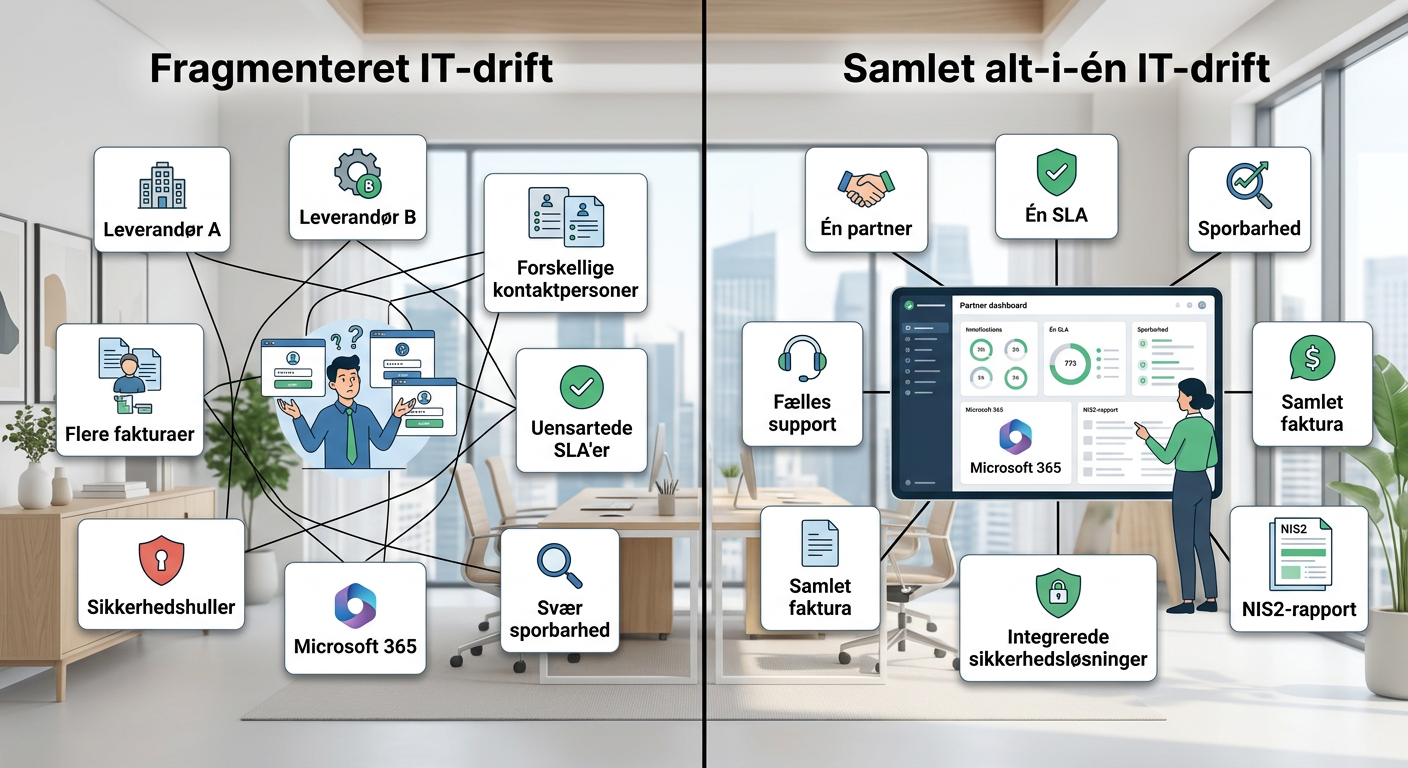 Diagram der viser forskellen mellem fragmenteret IT med flere leverandører og samlet alt-i-én IT-drift