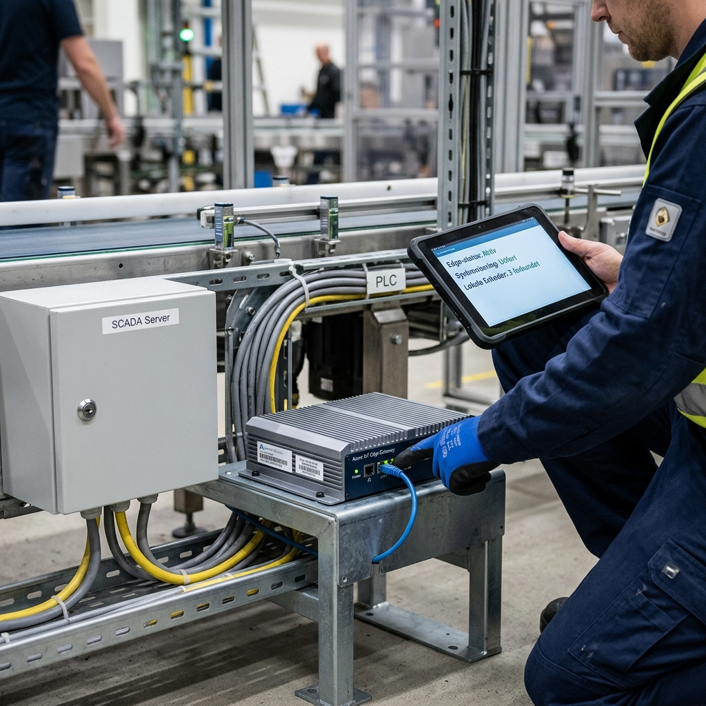 Netværksdiagram der viser segmentering mellem IT-netværk og OT-netværk med firewall og Azure IoT Edge