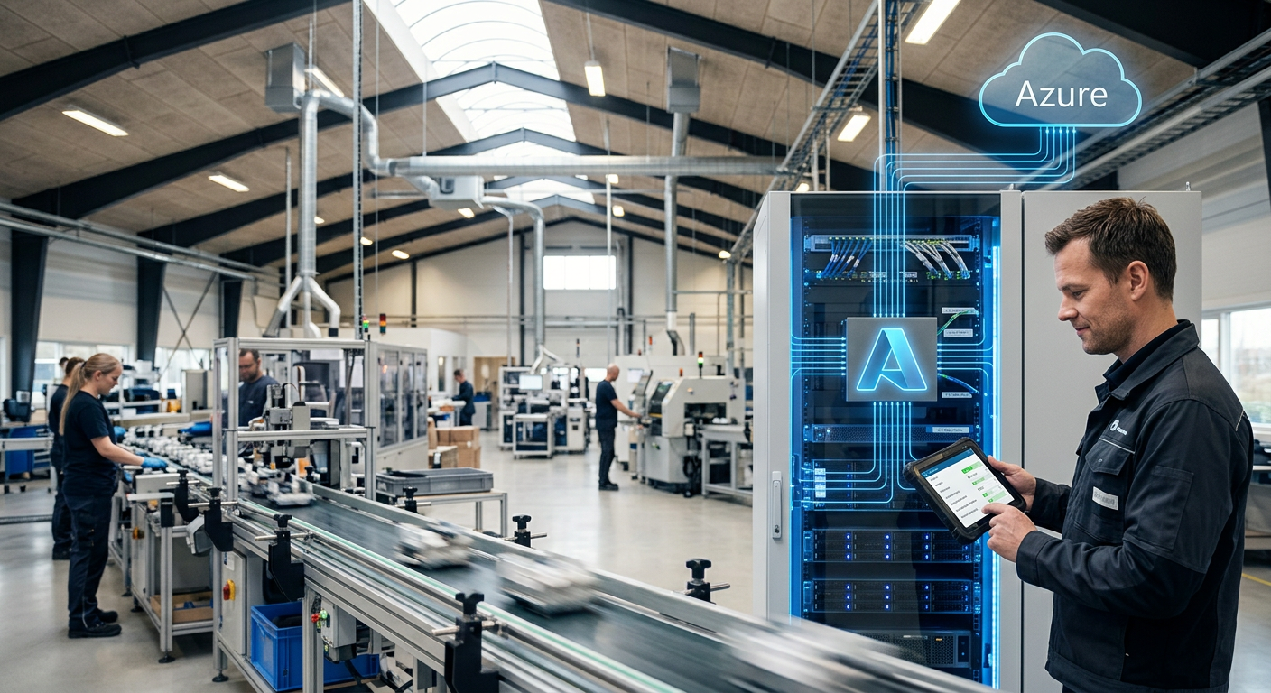 Diagram over parallel drift-arkitektur med on-premise servere og Azure-miljø side om side