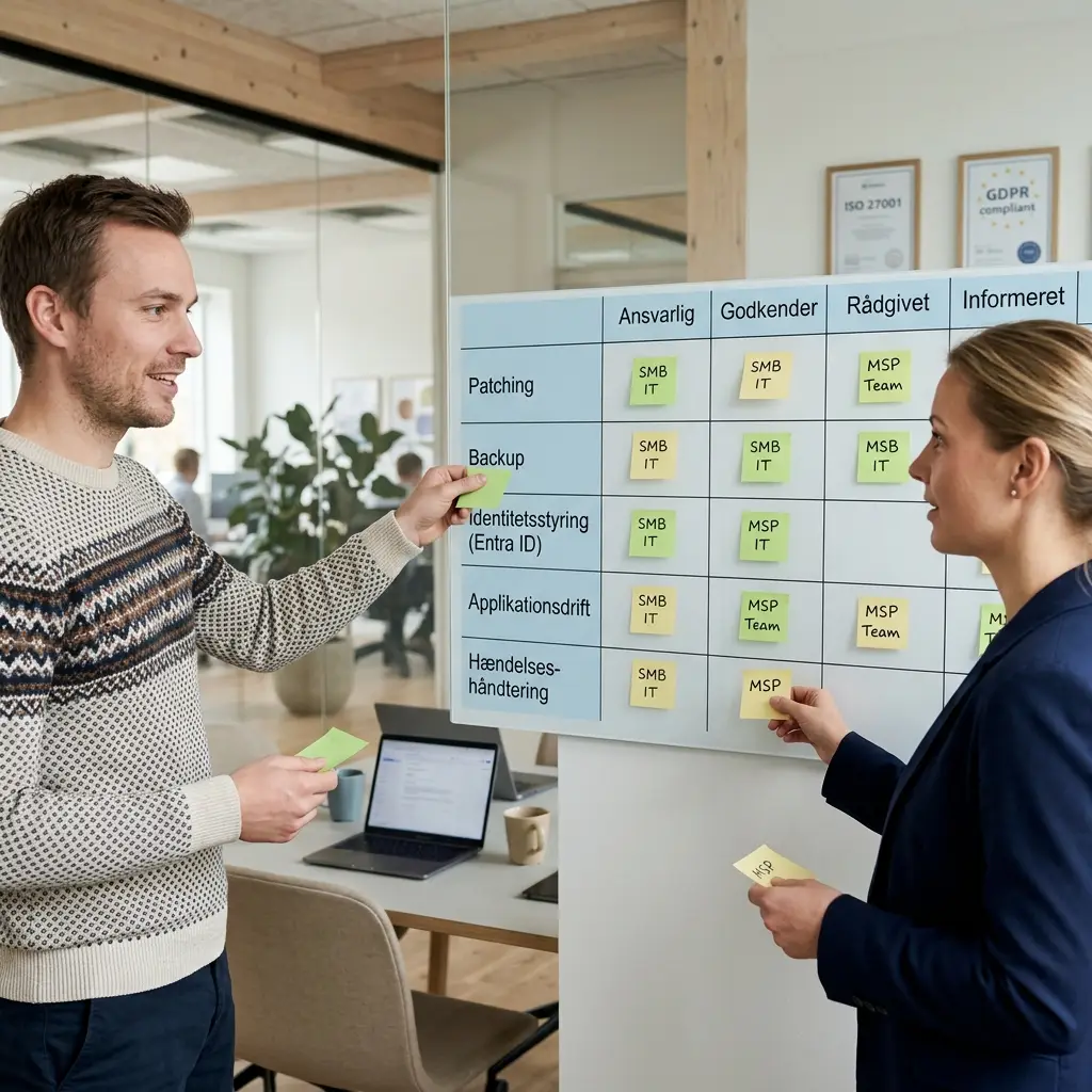 RACI-matrix der viser ansvarsfordeling mellem kunde, MSP og Microsoft i Azure-drift