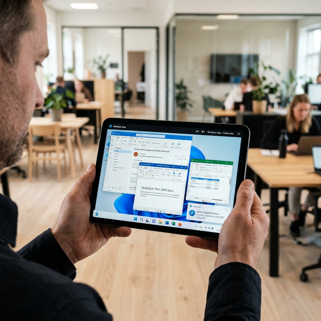Windows App på iPad der viser en fuld Windows-desktop via Azure Virtual Desktop