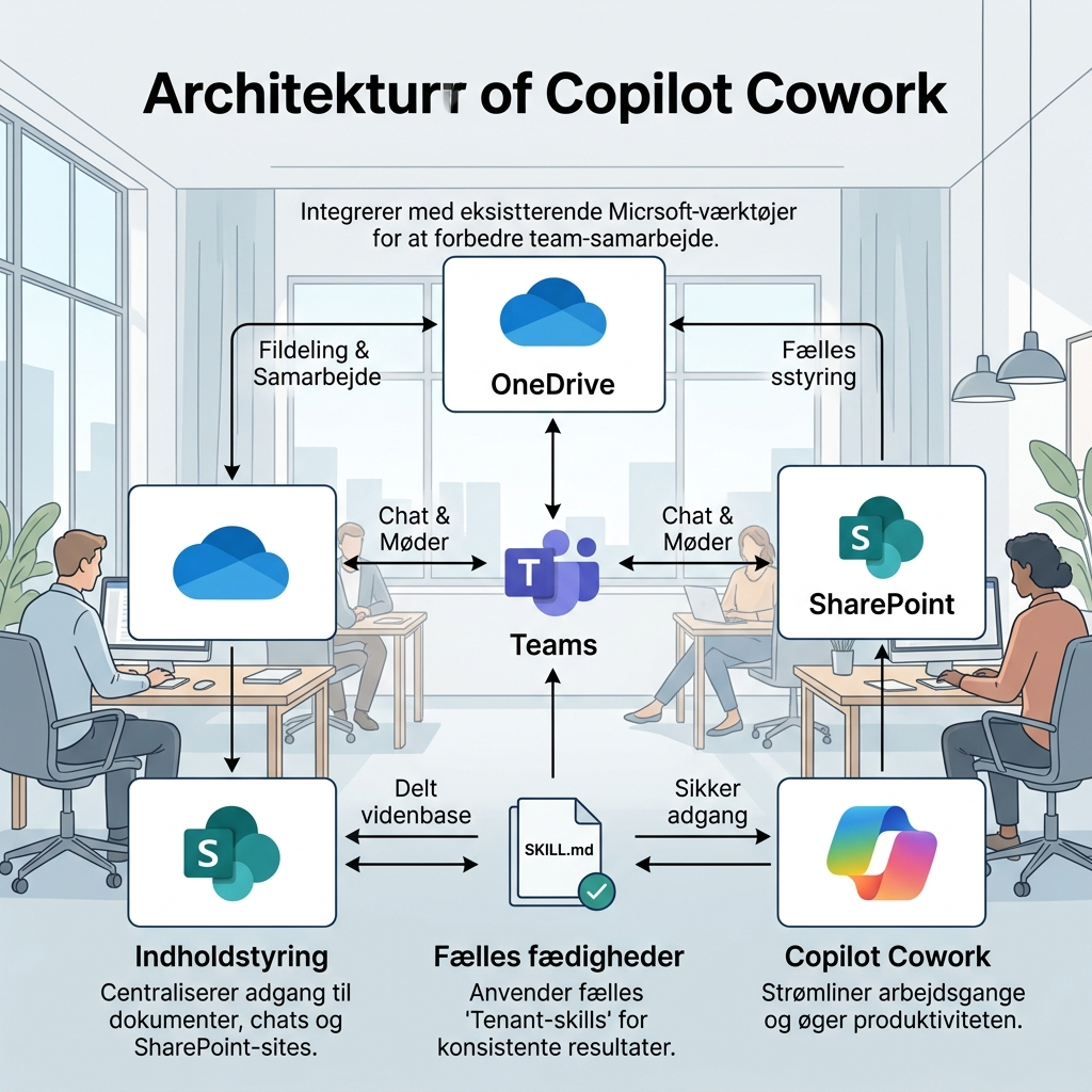Oversigt over Copilot Cowork skills-arkitektur med OneDrive og Markdown-filer