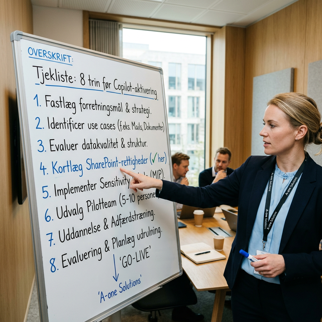 Tjekliste til Copilot-udrulning med otte trin på whiteboard
