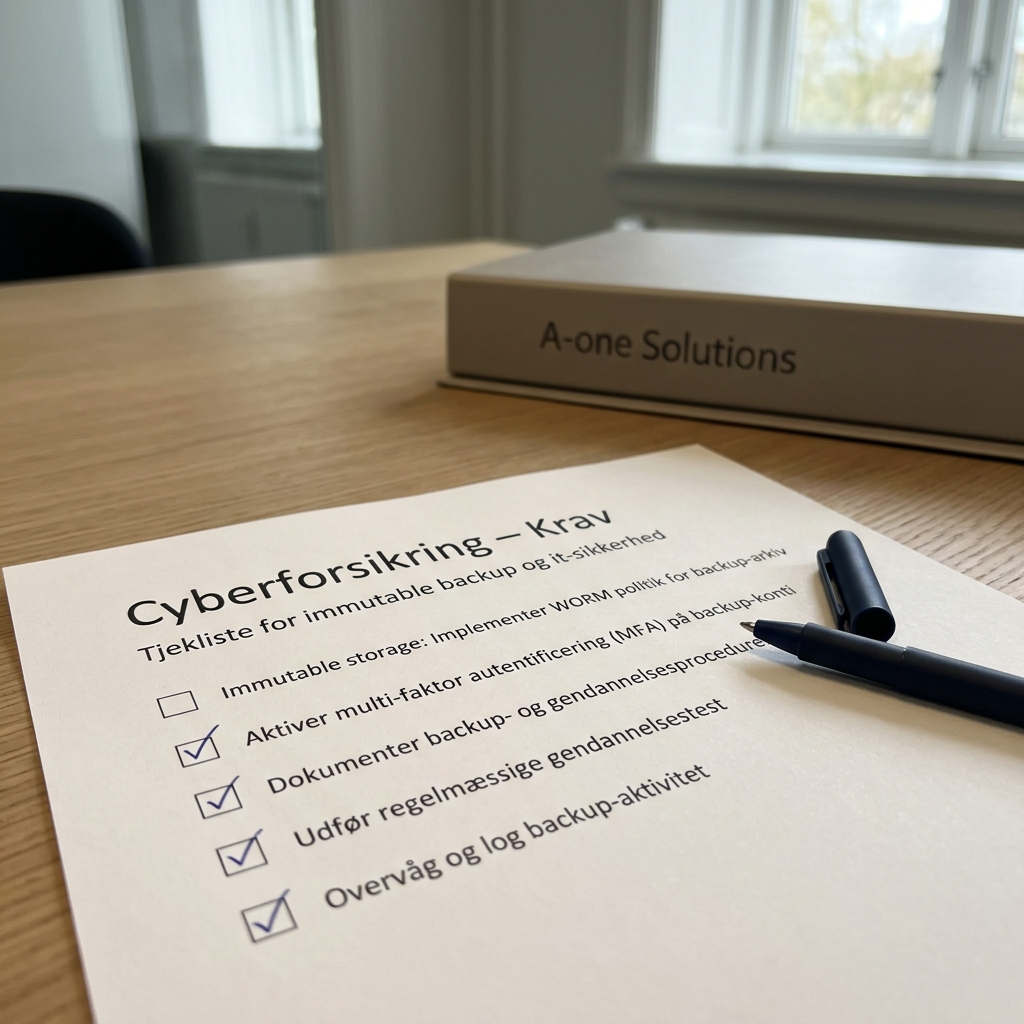 Forsikringsdokument med afkrydsningsliste for cyberforsikringskrav til backup