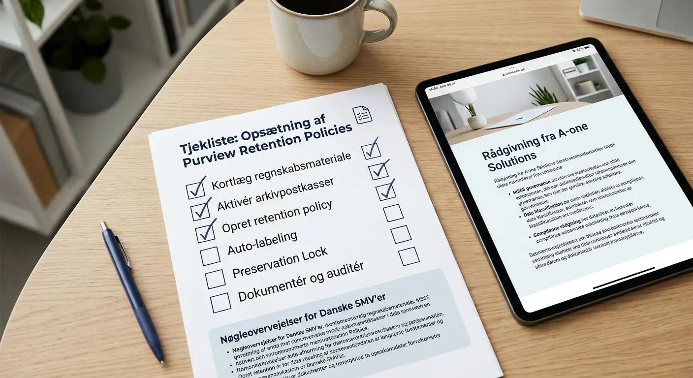 Tjekliste til opsætning af Purview retention policies i Microsoft 365 for dansk SMV