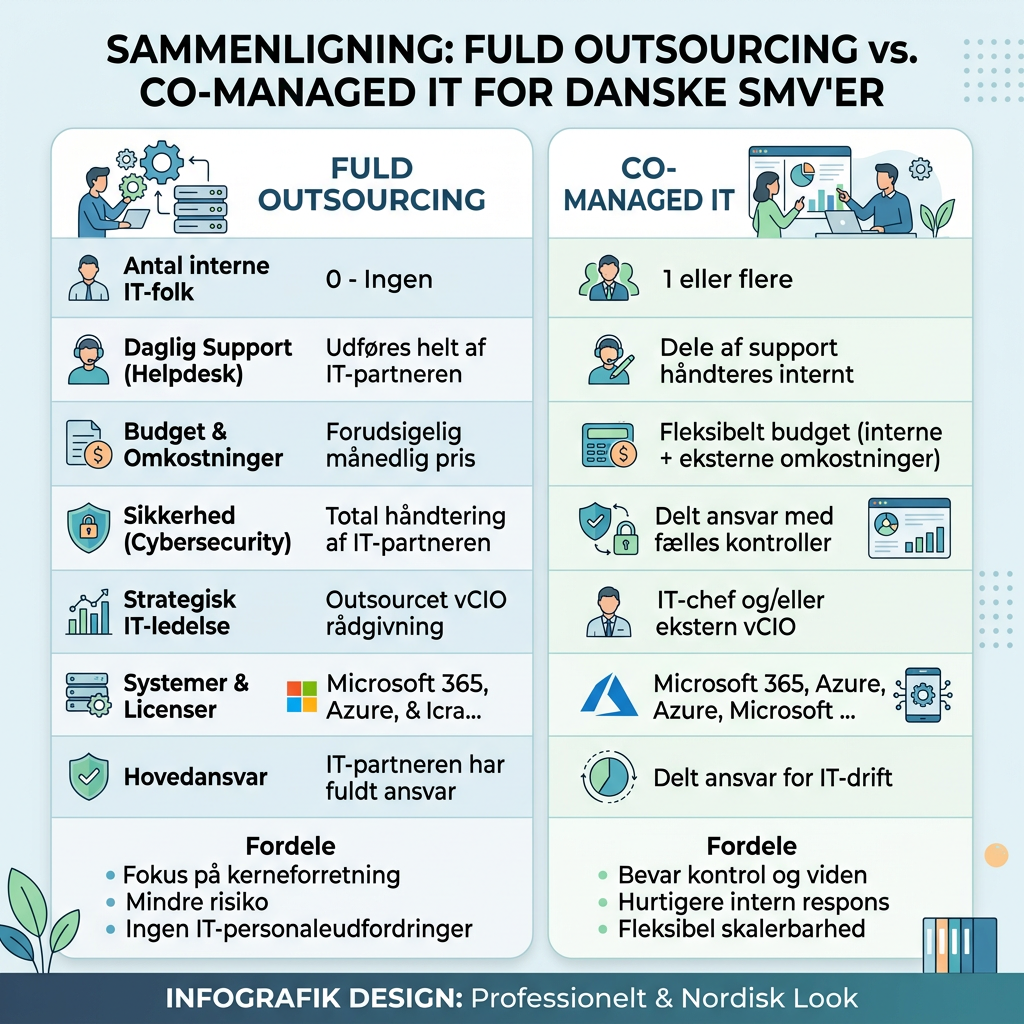 Oversigt over forskellen mellem fuld IT-outsourcing og co-managed IT-model