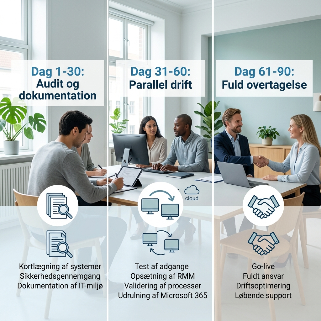 Tidslinje over 90-dages onboarding ved skift af IT-partner