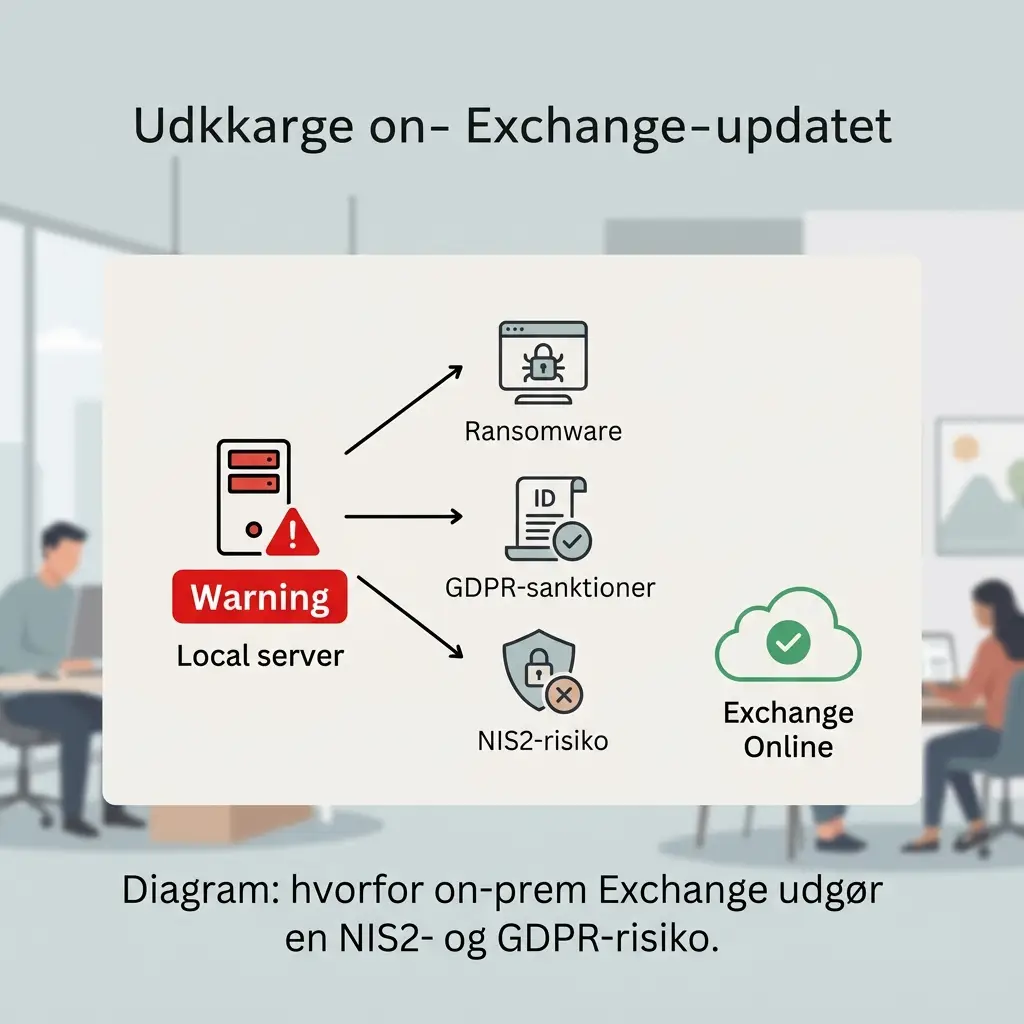 Diagram over NIS2-krav og konsekvenser ved at køre Exchange uden sikkerhedsopdateringer