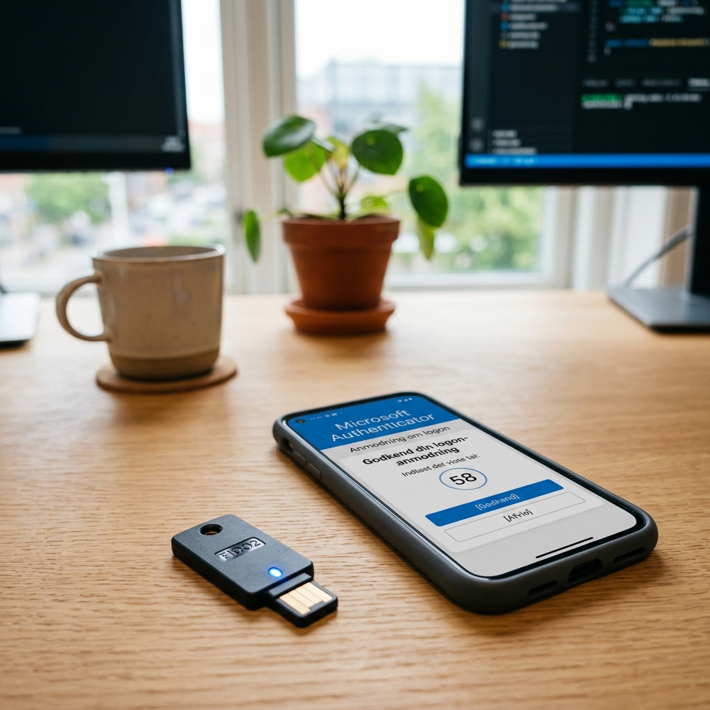 FIDO2 YubiKey hardware-nøgle ved siden af en smartphone med Microsoft Authenticator
