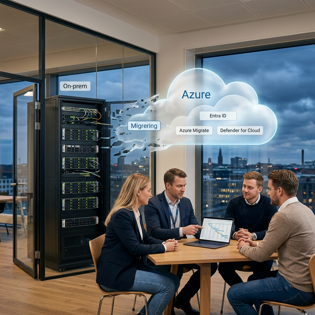 Serverrack der symboliserer flytning fra lokal server til Azure-skyen for danske SMV'er