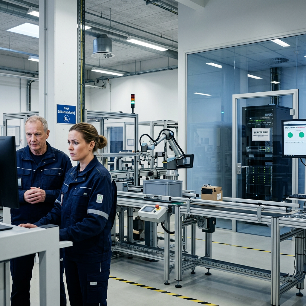Produktionshal med stoppet samlebånd og serverrum i baggrunden – illustration af IT-nedetid i dansk produktion
