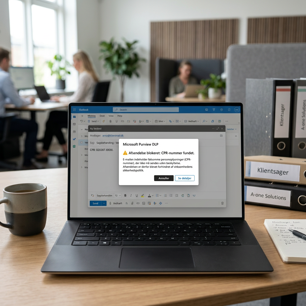 Microsoft Purview DLP blokerer afsendelse af følsomme klientdata i Outlook