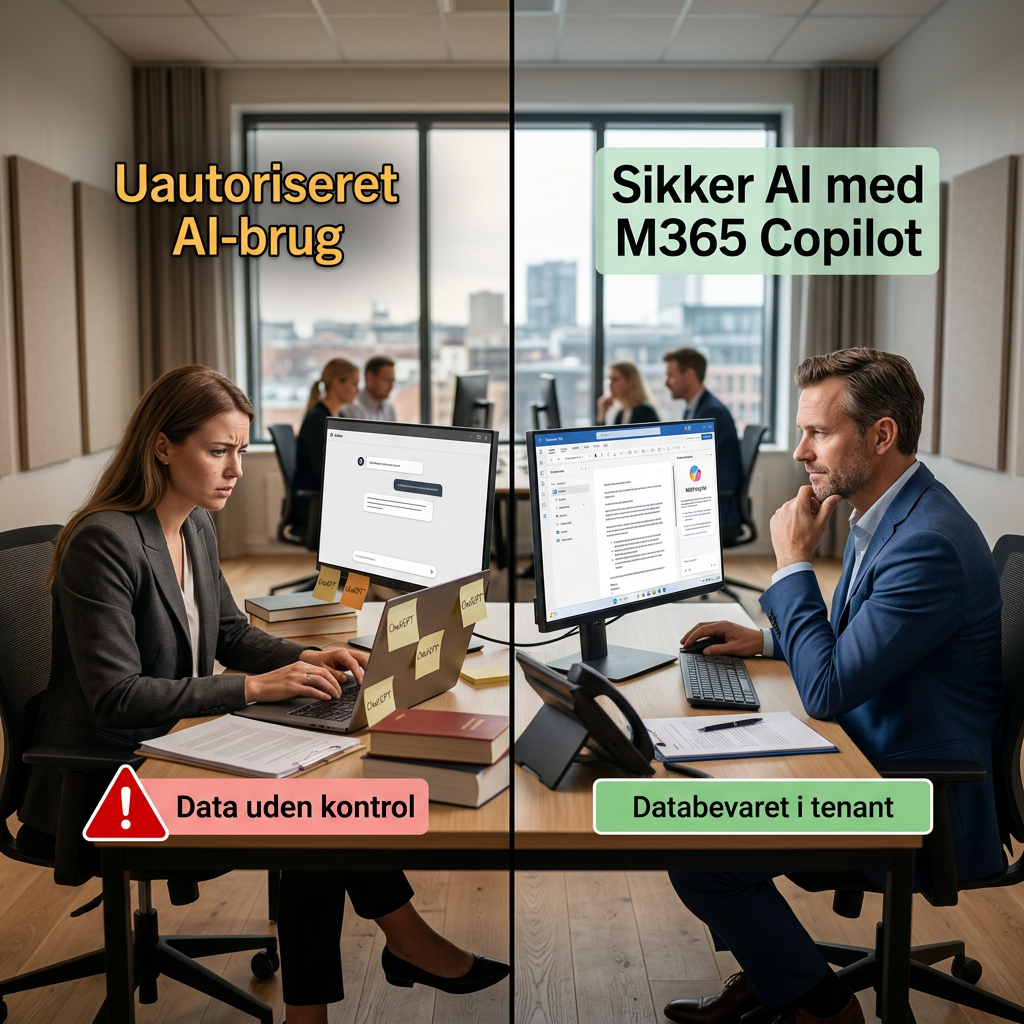 Sammenligning af Shadow AI-risiko versus sikker brug af M365 Copilot i advokatfirma