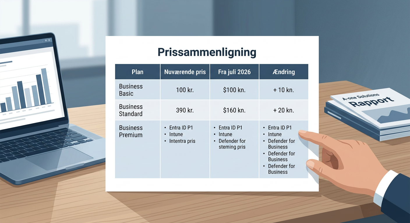 Tabel med prissammenligning af Microsoft 365 Business Basic, Standard og Premium