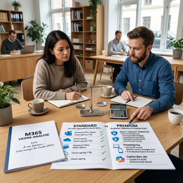 Regnestykke der sammenligner Microsoft 365 Business Premium og Standard priser