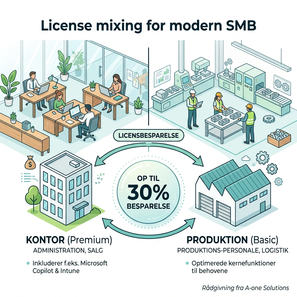 Diagram der viser licens-mixing med Premium til kontor og Basic til produktion