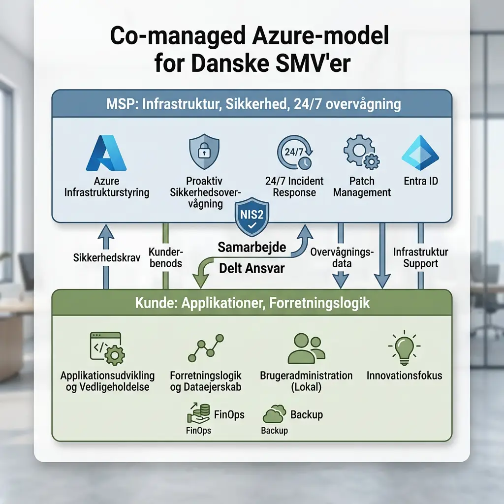 Diagram over co-managed Azure-model hvor MSP håndterer infrastruktur og kunde håndterer applikationer