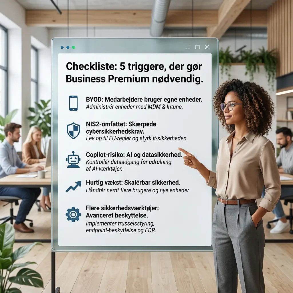 Tjekliste med fem triggers for opgradering fra Microsoft 365 Standard til Premium