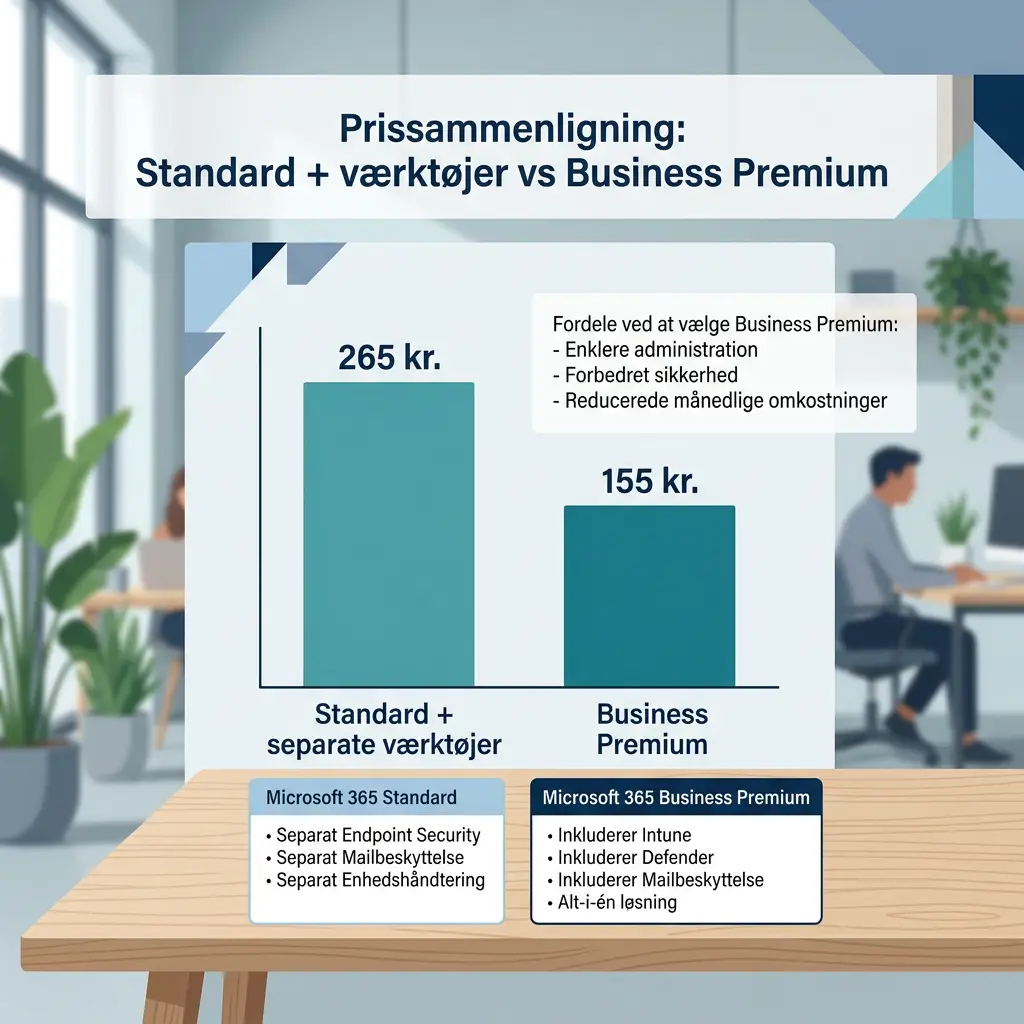 Prissammenligning mellem Microsoft 365 Standard med tillægsværktøjer og Business Premium