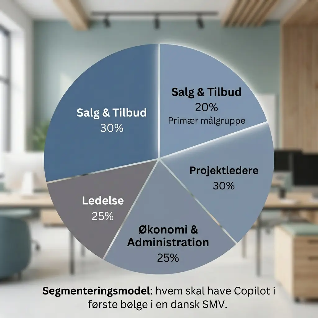 Segmenteringsmodel der viser hvilke roller i en SMV der bør få Copilot-licens først