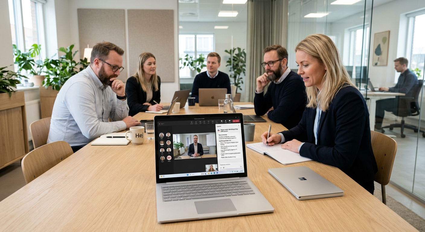 Teams-møde med Copilot-referat vist på skærm i dansk kontormiljø