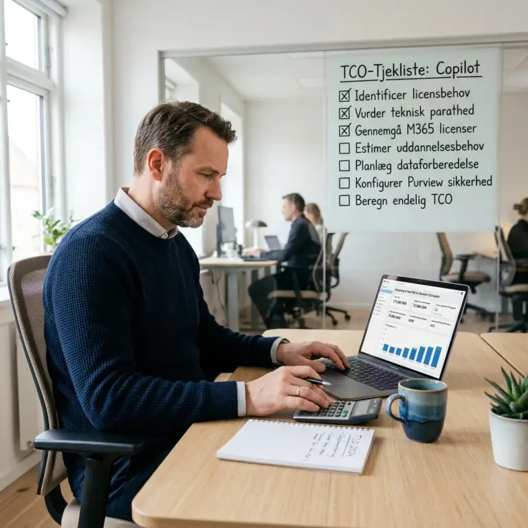 Leder gennemgår Microsoft 365 Copilot TCO-beregning for SMV på laptop