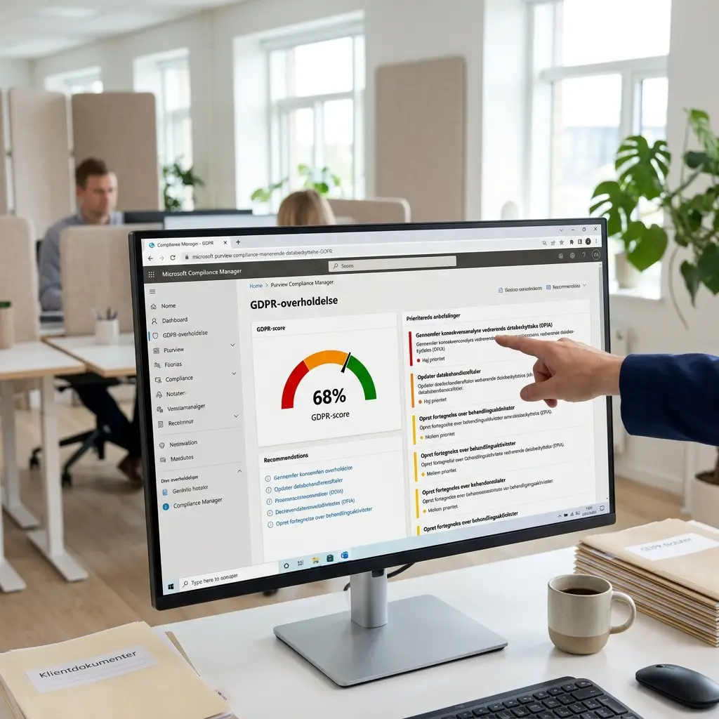 Compliance Manager dashboard med GDPR-score og anbefalinger