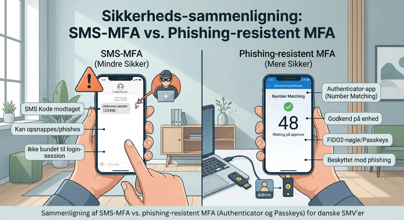 Sammenligning af SMS-MFA og phishing-resistent MFA med Passkeys