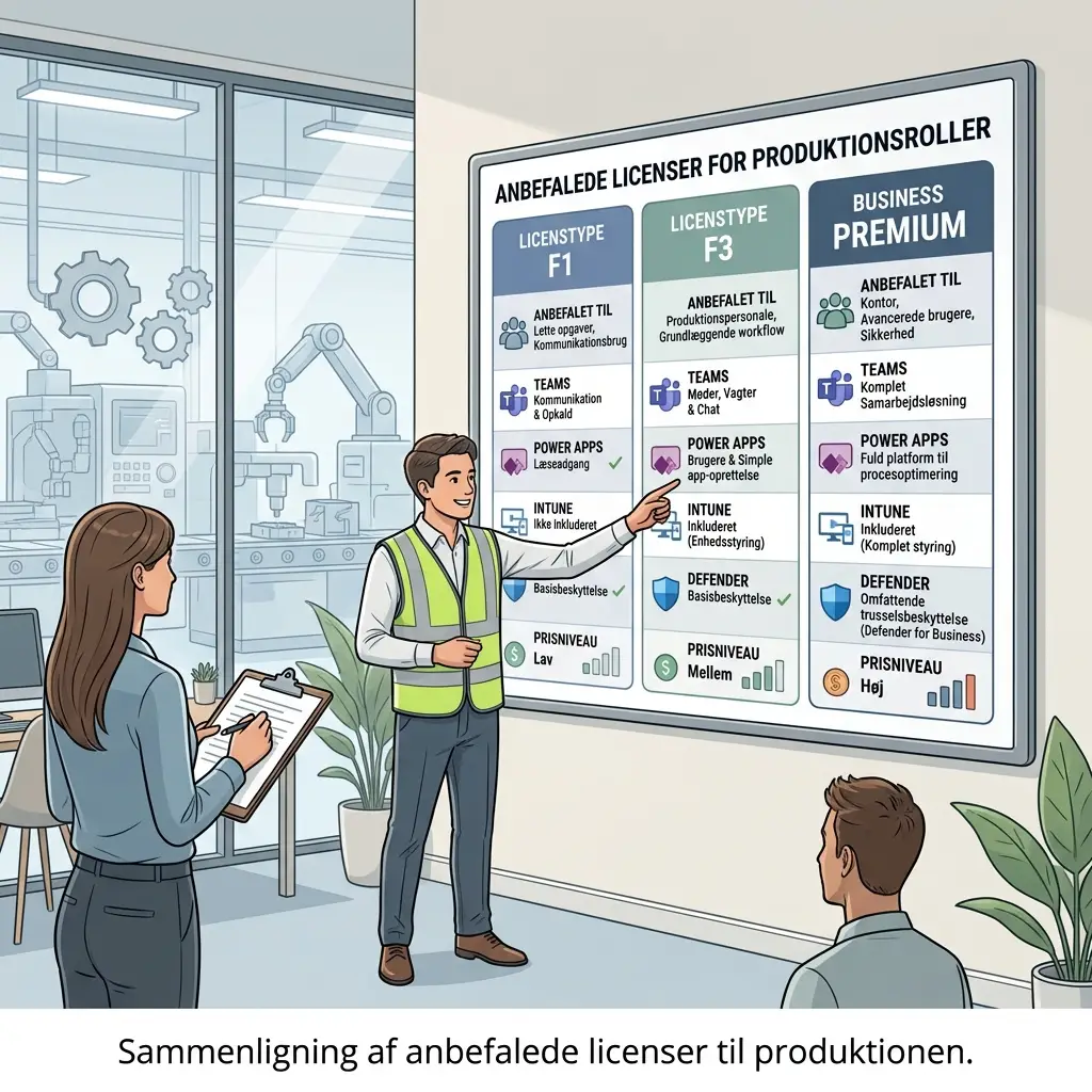 Oversigt over Microsoft 365 licenstyper F1 F3 og Business Premium til produktion