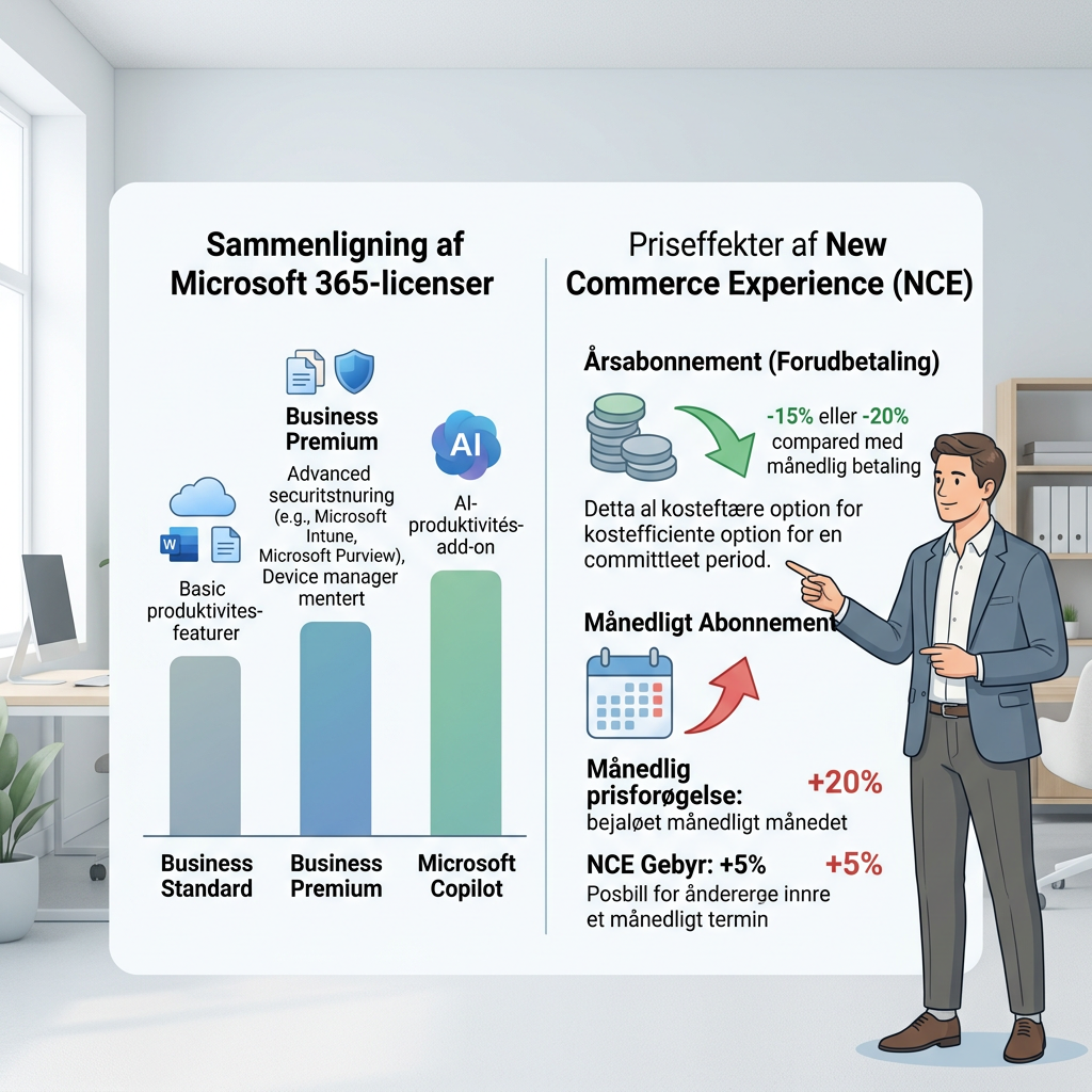 Diagram over Microsoft 365 licenstyper og prisforskelle for danske erhvervskunder