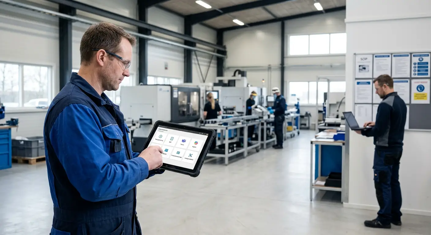 Produktionsmedarbejder bruger tablet med Microsoft 365 på fabriksgulvet