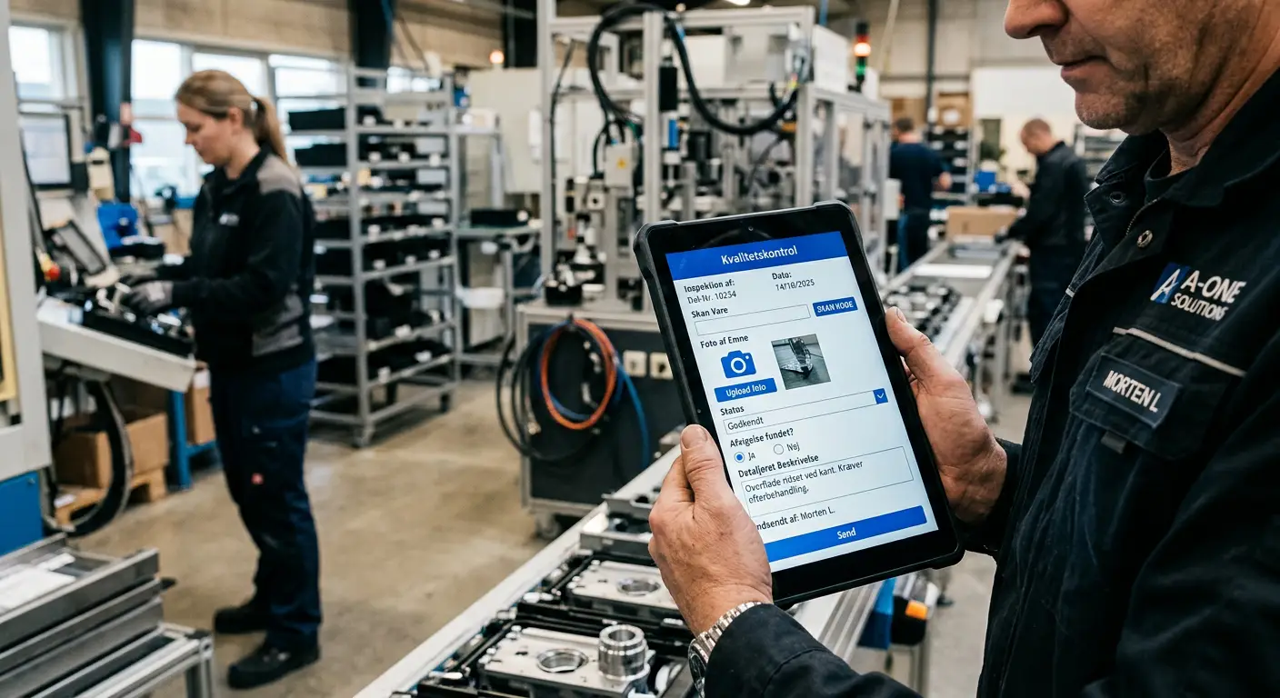 Power Apps kvalitetskontrol-formular på tablet i produktionsmiljø