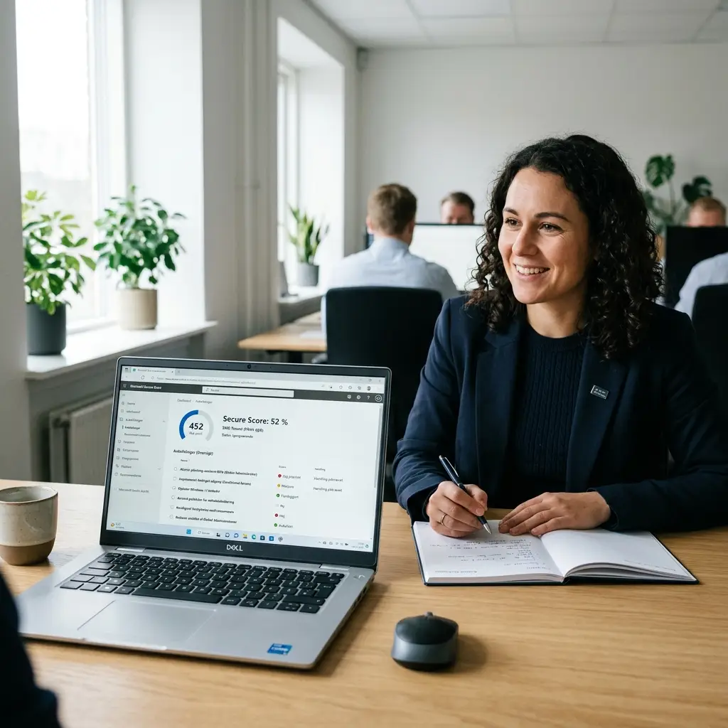 Microsoft Secure Score-dashboard der viser sikkerhedsniveau for en SMV-tenant