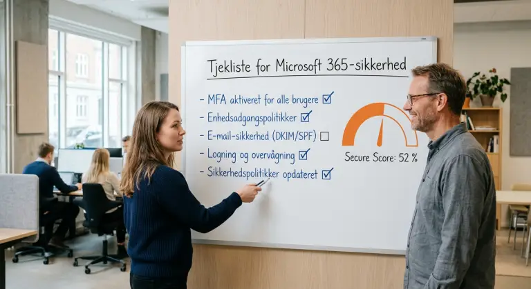 Microsoft 365 sikkerhedsindstillinger konfigureret i administrationspanel for virksomheder