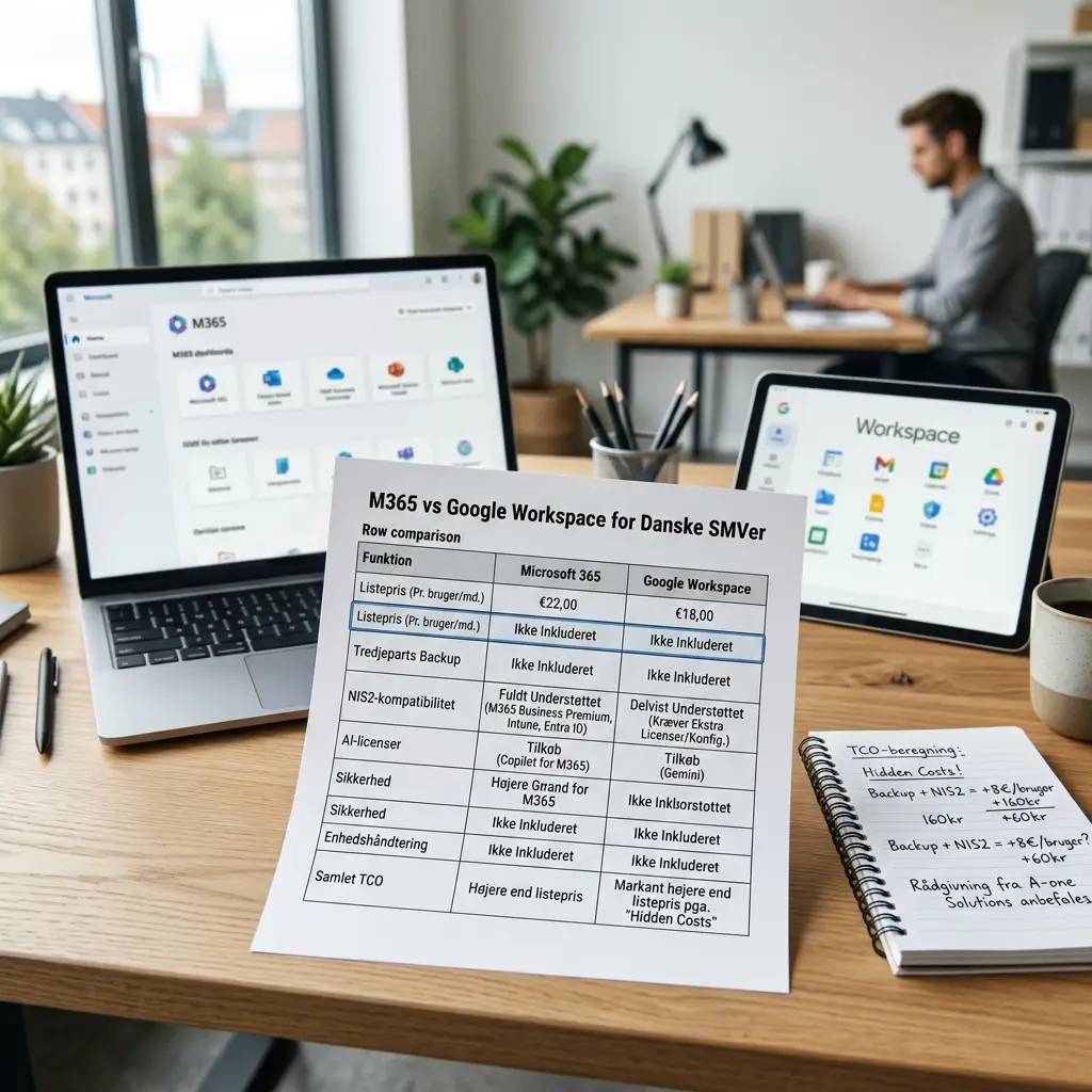 Tabel der sammenligner priser og funktioner i Microsoft 365 og Google Workspace
