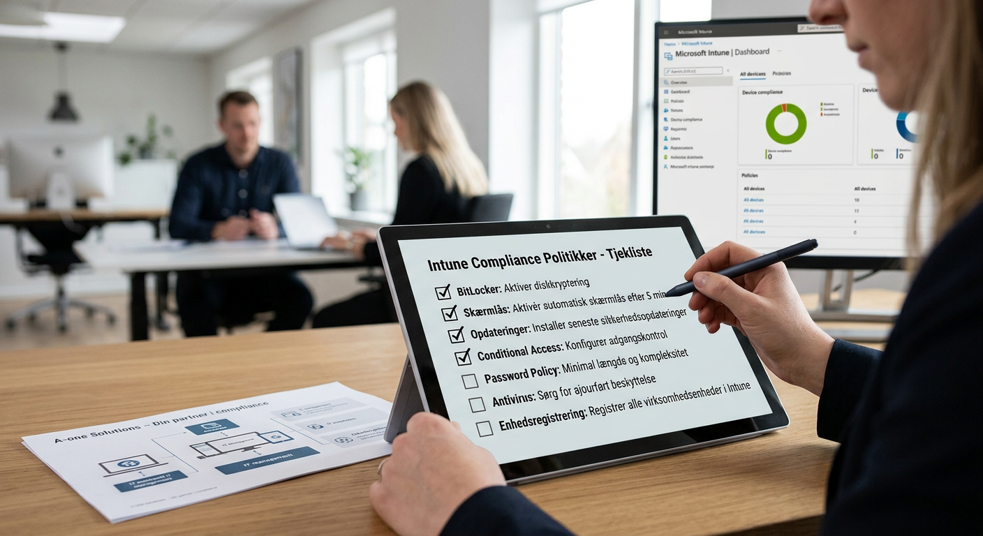 Tjekliste til opsætning af Microsoft Intune compliance-politikker for dansk SMB