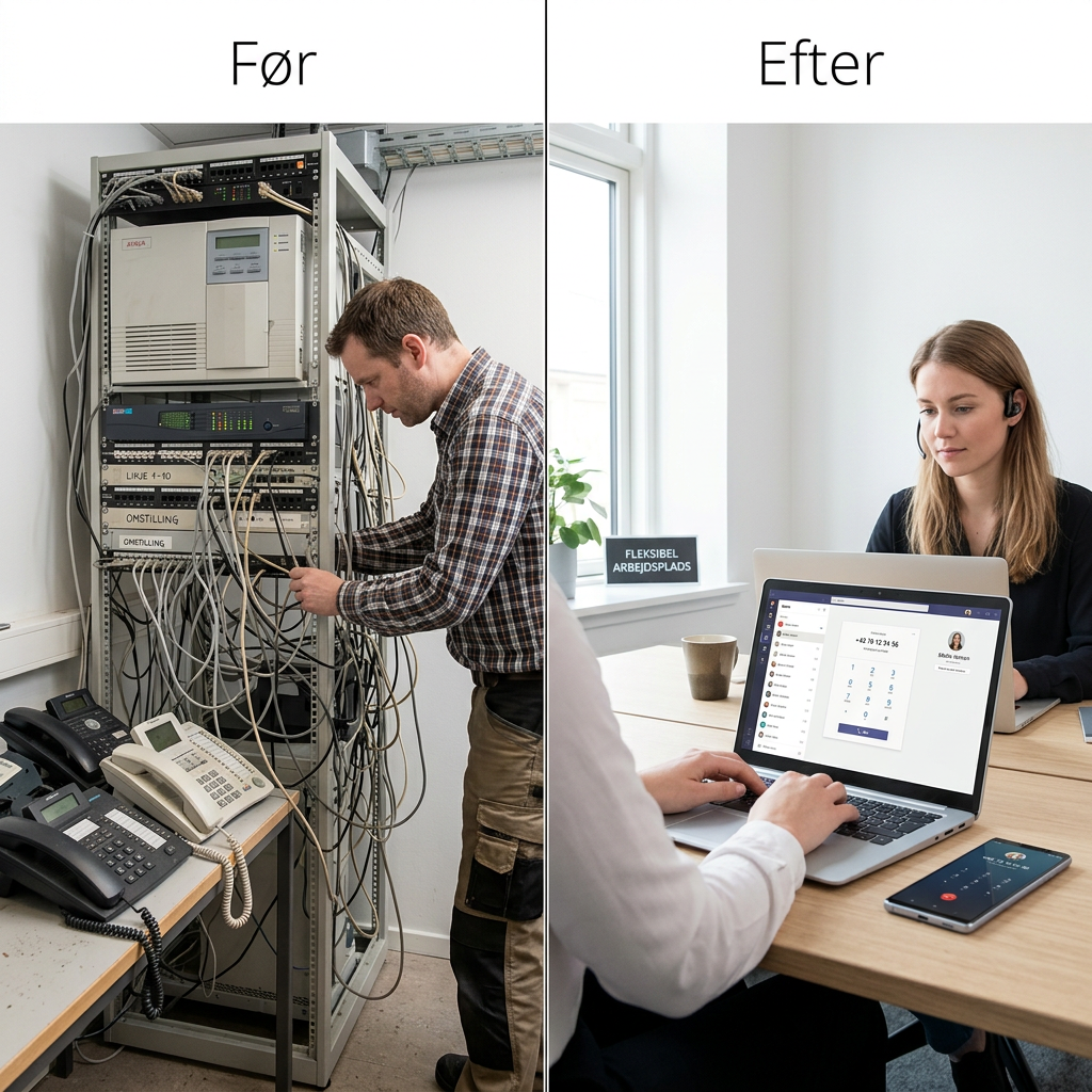 Sammenligning af gammelt PBX-omstillingsanlæg og moderne Teams-telefoni på skærm