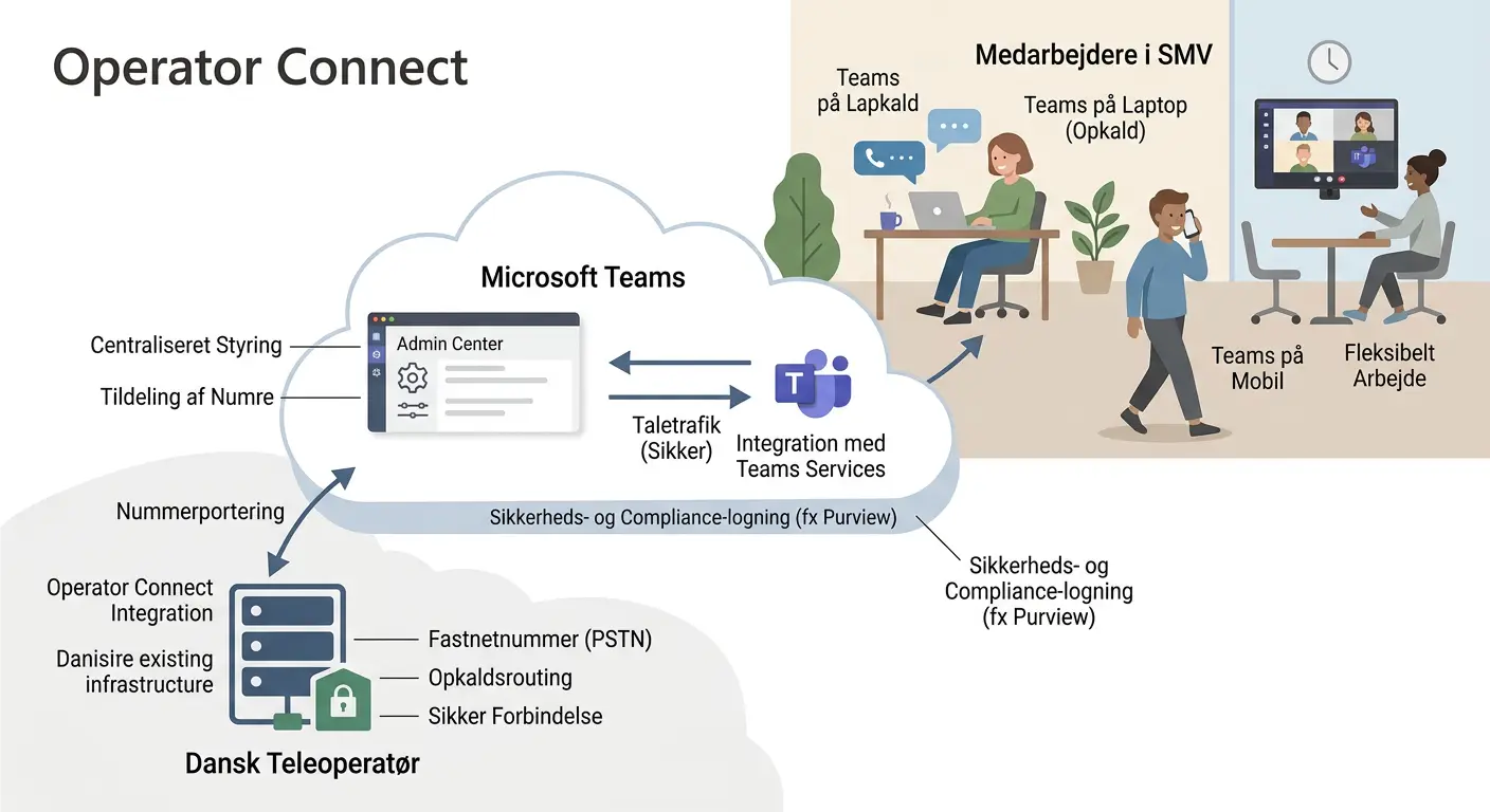 Diagram over Operator Connect-arkitektur med Microsoft Teams og dansk teleoperatør