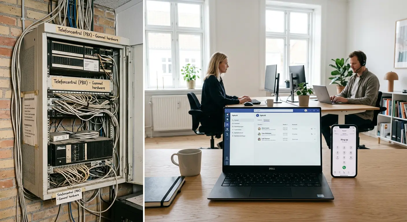 Sammenligning af gammelt PBX-anlæg og Microsoft Teams telefoni på skærm