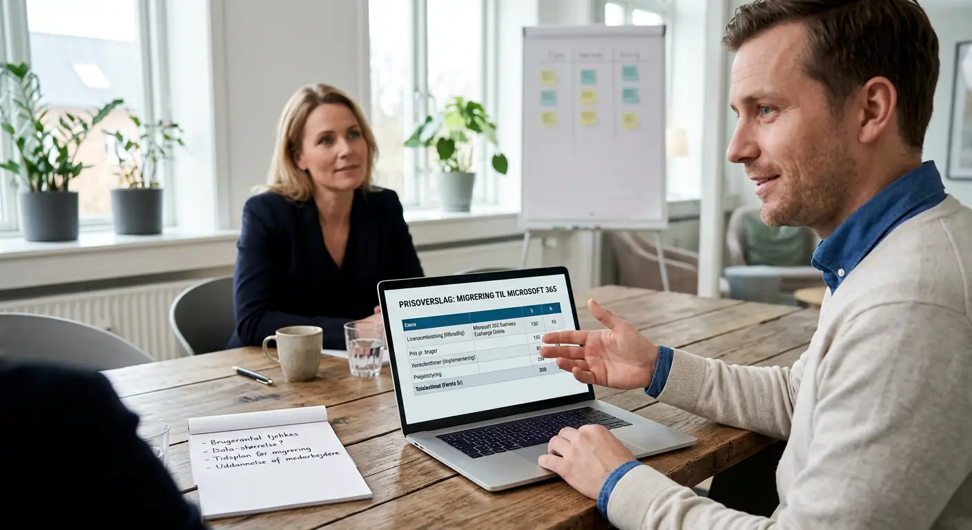 Prisberegning for Exchange til Microsoft 365 migrering med licenser og konsulenttimer