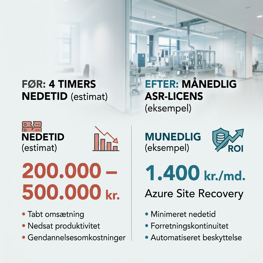 Regneeksempel der sammenligner omkostning ved nedetid med Azure Site Recovery pris