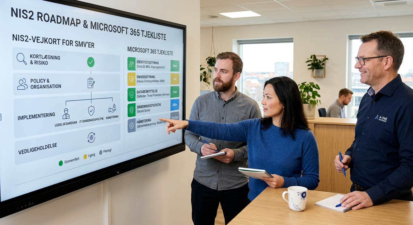 NIS2 teknisk roadmap for danske SMV med Microsoft 365 tjekliste på skærm