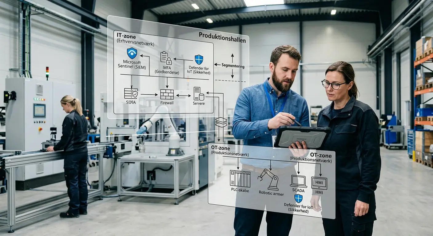 Produktionshal med netværksdiagram der viser NIS2-sikkerhedszoner mellem IT og OT