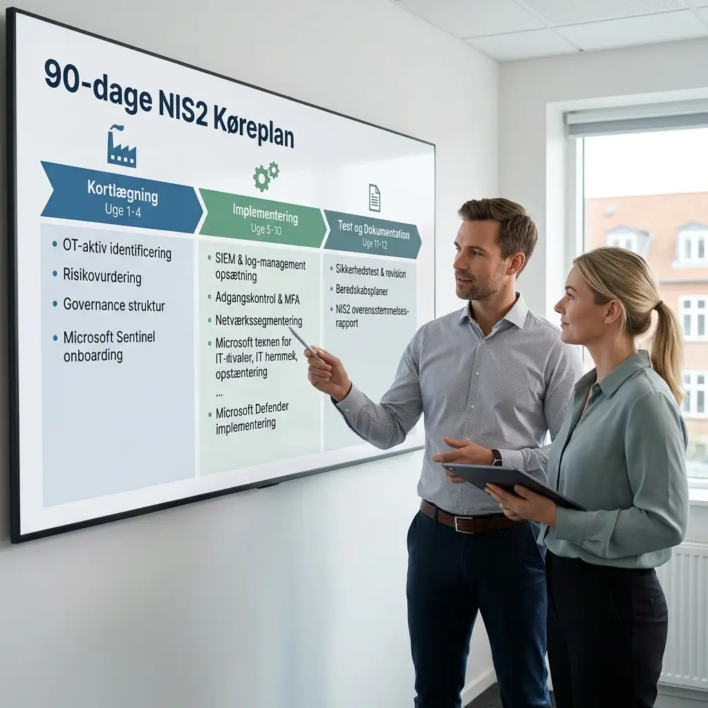Tidslinje over 90-dages NIS2-implementering opdelt i tre faser