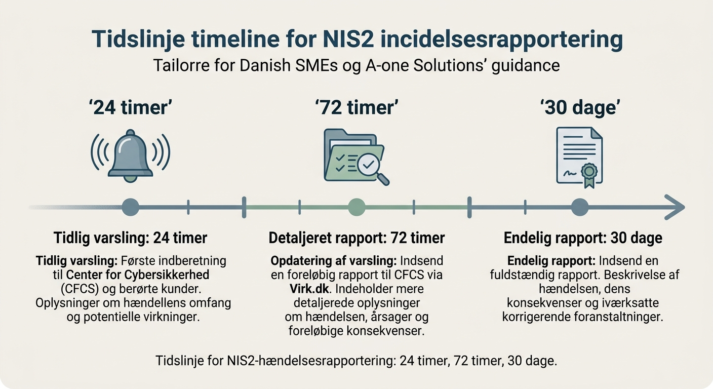 Tidslinje for NIS2 hændelsesrapportering med 24 timer 72 timer og 30 dage