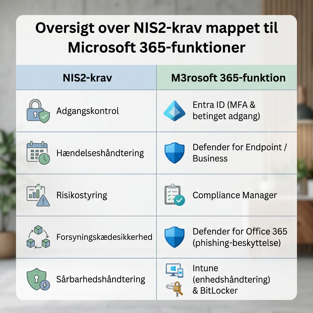 Oversigt over NIS2 krav mappet til Microsoft 365 funktioner