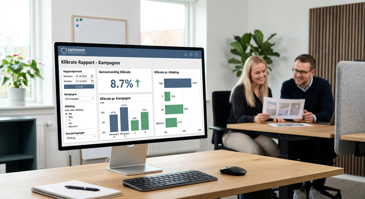 Microsoft 365 Attack Simulation Training dashboard med klikrate-rapport