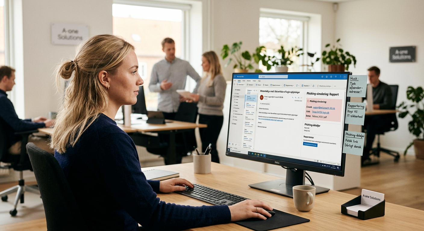 Medarbejder ved skærm analyserer phishing-mail i Microsoft 365-miljø