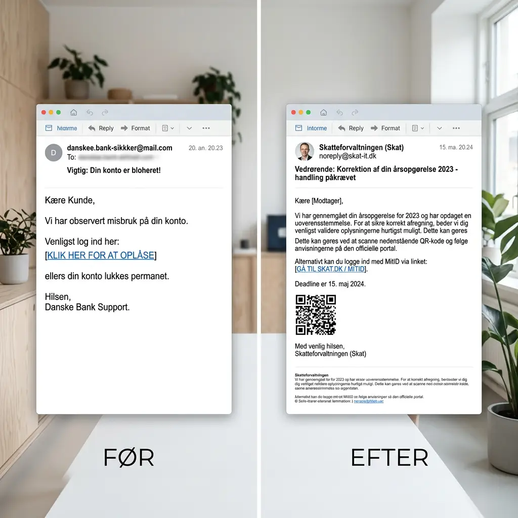 Sammenligning af gammeldags phishing-mail med stavefejl og moderne AI-genereret phishing på perfekt dansk